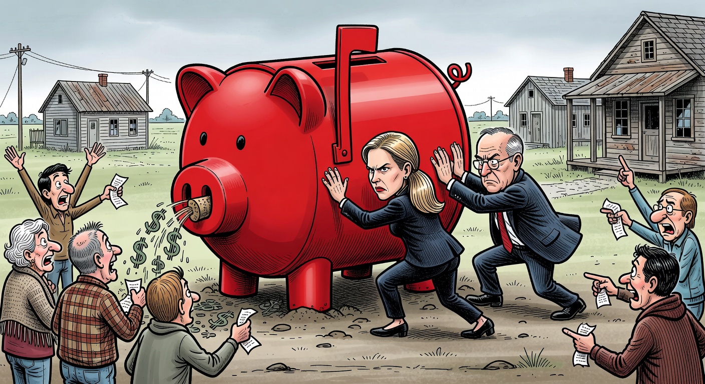 Canada Post mailbox shaped like a leaking taxpayer piggy bank with rural post offices facing closure in the background