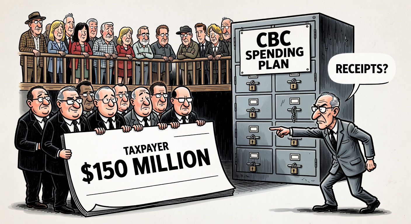 CBC managers standing beside a taxpayer cheque while the Parliamentary Budget Officer asks for receipts