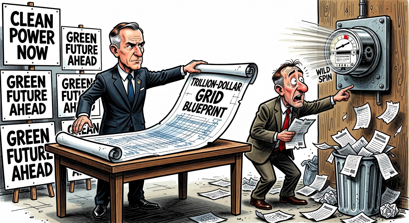 Mark Carney unveiling a trillion-dollar electricity grid blueprint while a taxpayer asks for the bill