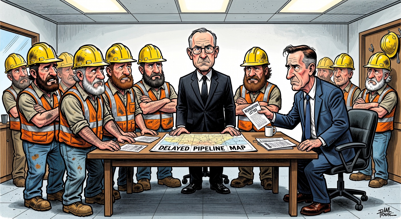 Mark Carney between Alberta pipeline workers and Steven Guilbeault holding a resignation letter