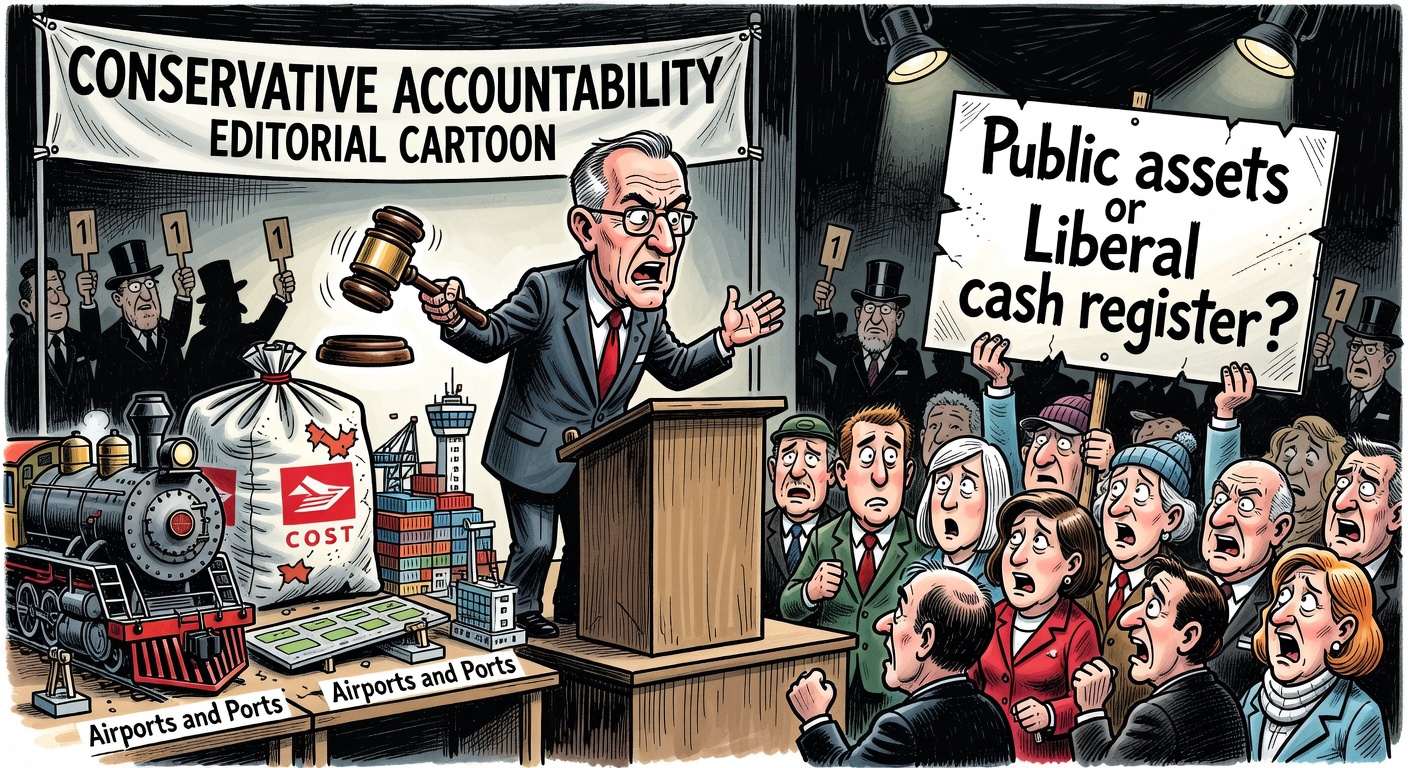 Mark Carney at an auction podium selling public assets while taxpayers watch