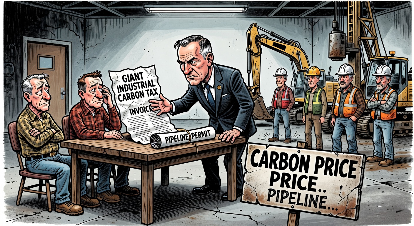 Mark Carney offering a pipeline permit beside a large industrial carbon price invoice