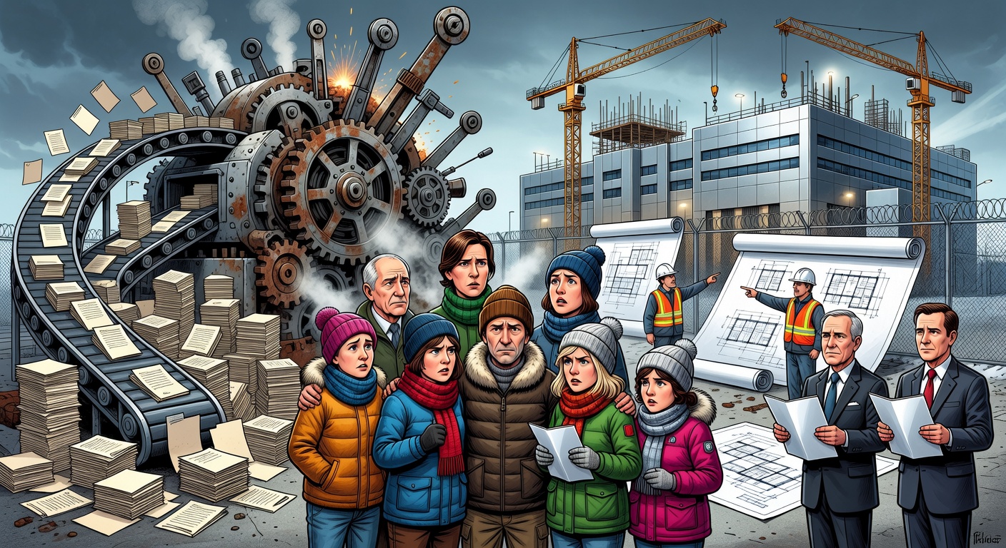 Editorial cartoon showing courts, jail construction and families asking for public safety accountability