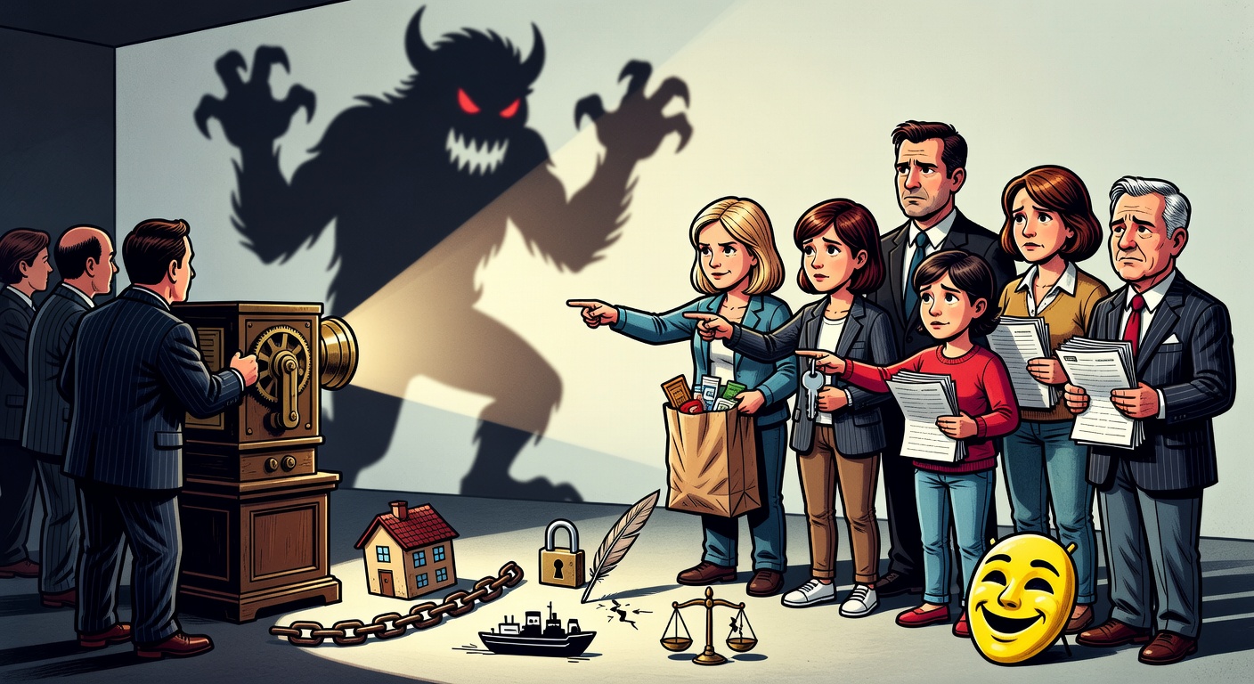 Editorial cartoon showing a political fear machine projecting a monster shadow while Canadians point to real household problems
