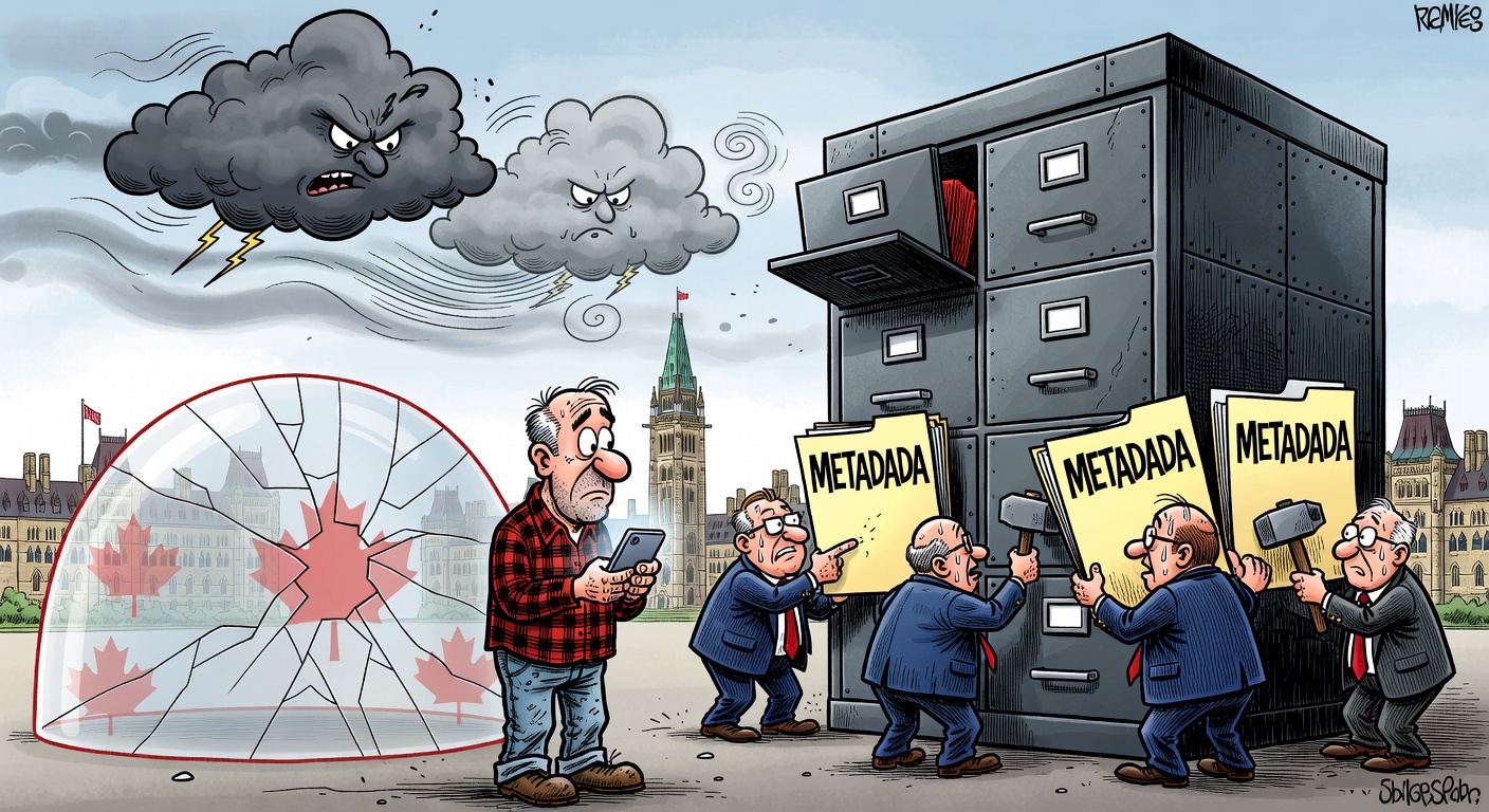 Editorial cartoon showing Canadians, phones and metadata cabinets under Ottawa privacy pressure
