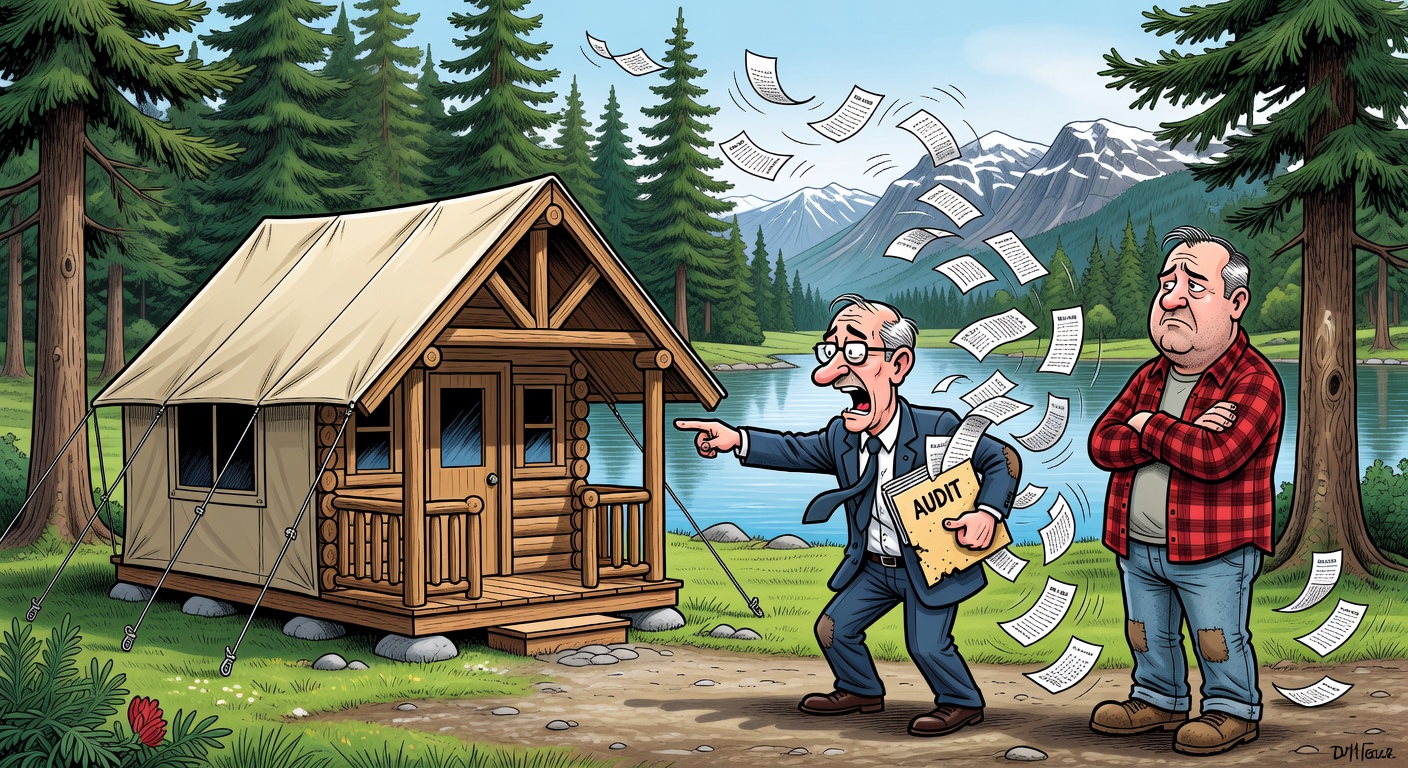 Editorial cartoon about Parks Canada accommodation spending, an audit folder and taxpayer receipts