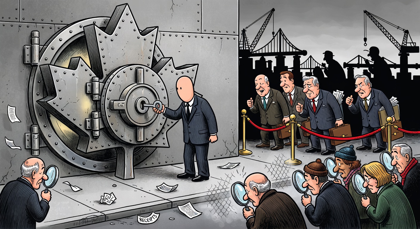 Editorial cartoon of a generic Ottawa official opening a public money vault while financiers wait and taxpayers inspect for conflict firewalls