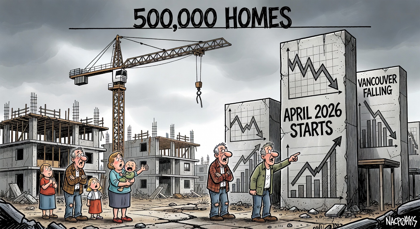 Editorial cartoon of a construction crane falling short of a huge homebuilding target while renters wait beside half-built apartments