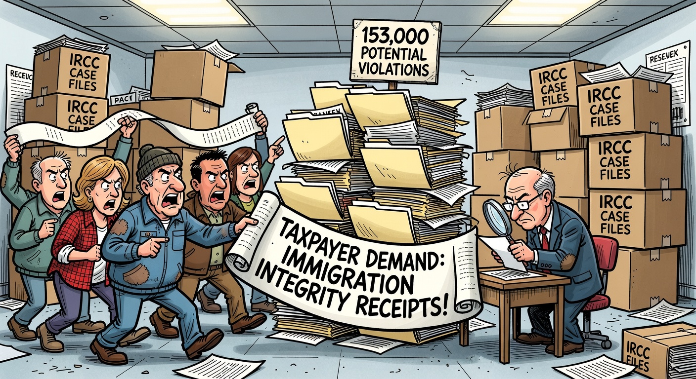 Editorial cartoon of IRCC paperwork and warning flags showing 153,000 potential student permit violations while taxpayers ask for immigration integrity follow-up