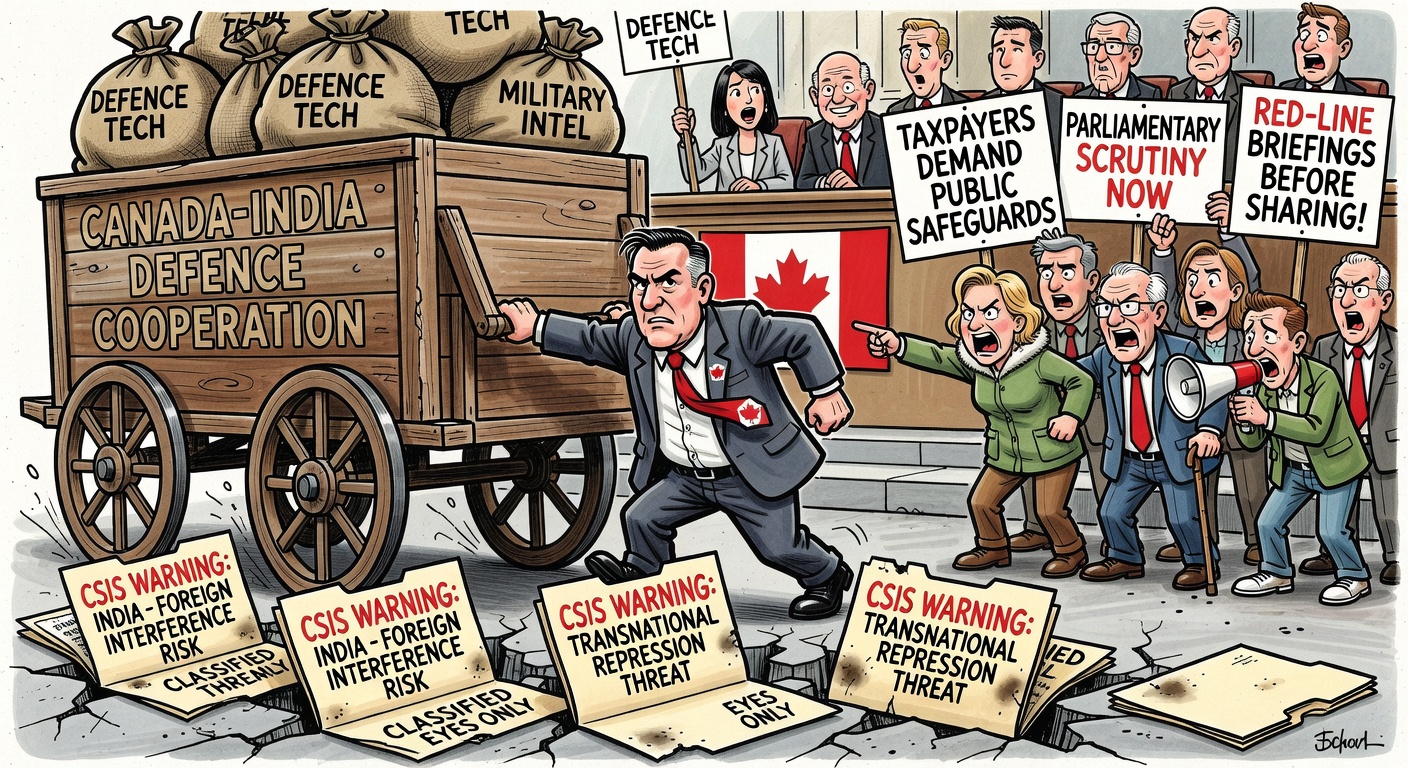 Editorial cartoon showing Canada-India defence talks beside a CSIS warning file while taxpayers demand safeguards and parliamentary scrutiny