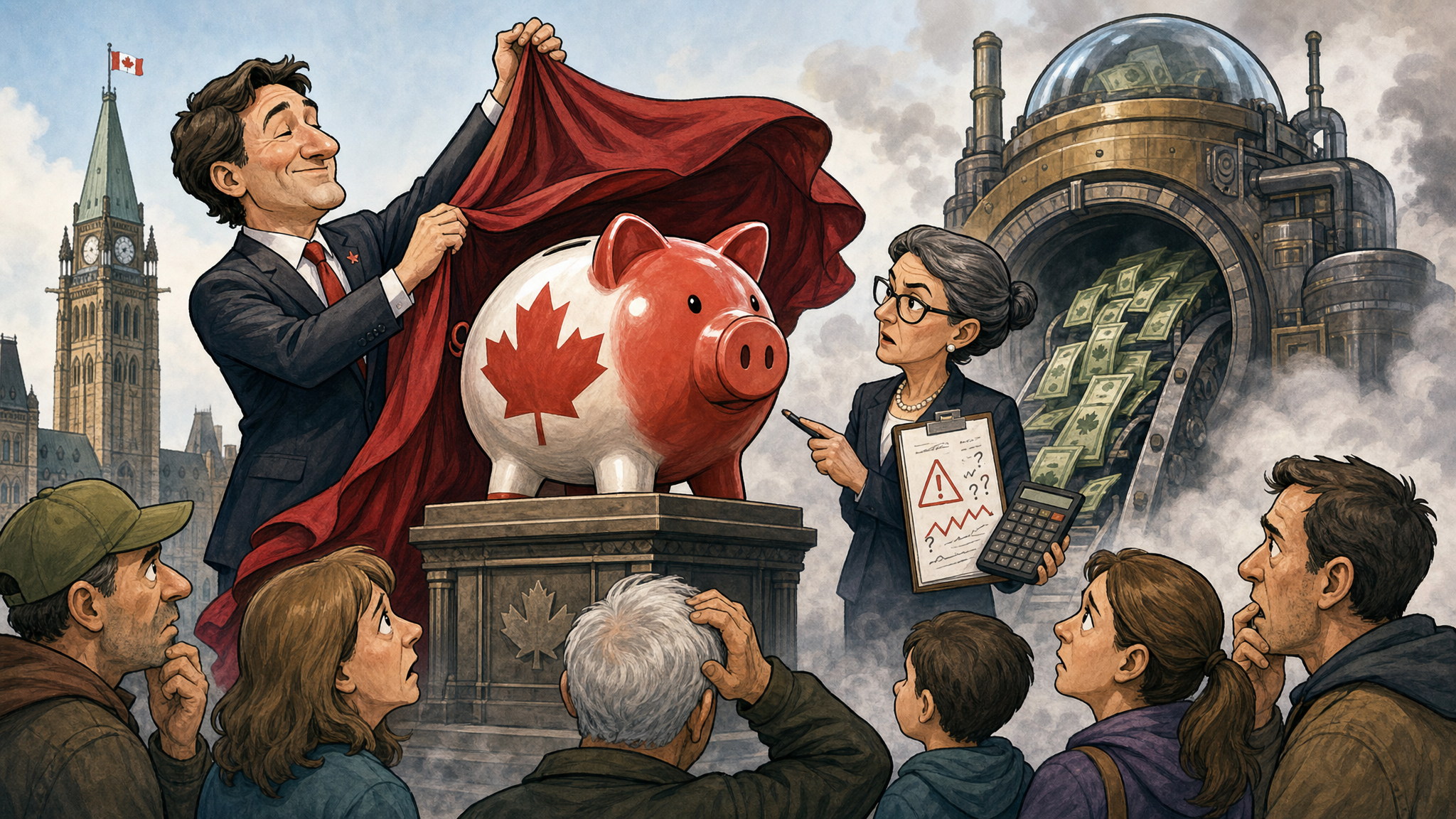 Editorial cartoon of a budget watchdog warning taxpayers about a vague public investment fund