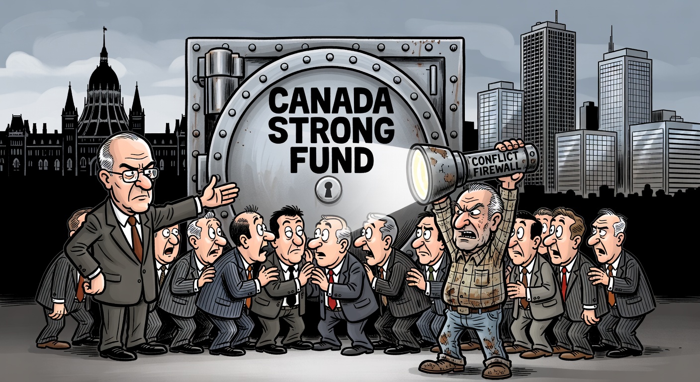 Editorial cartoon about taxpayers inspecting a Canada Strong Fund vault and missing fiscal details