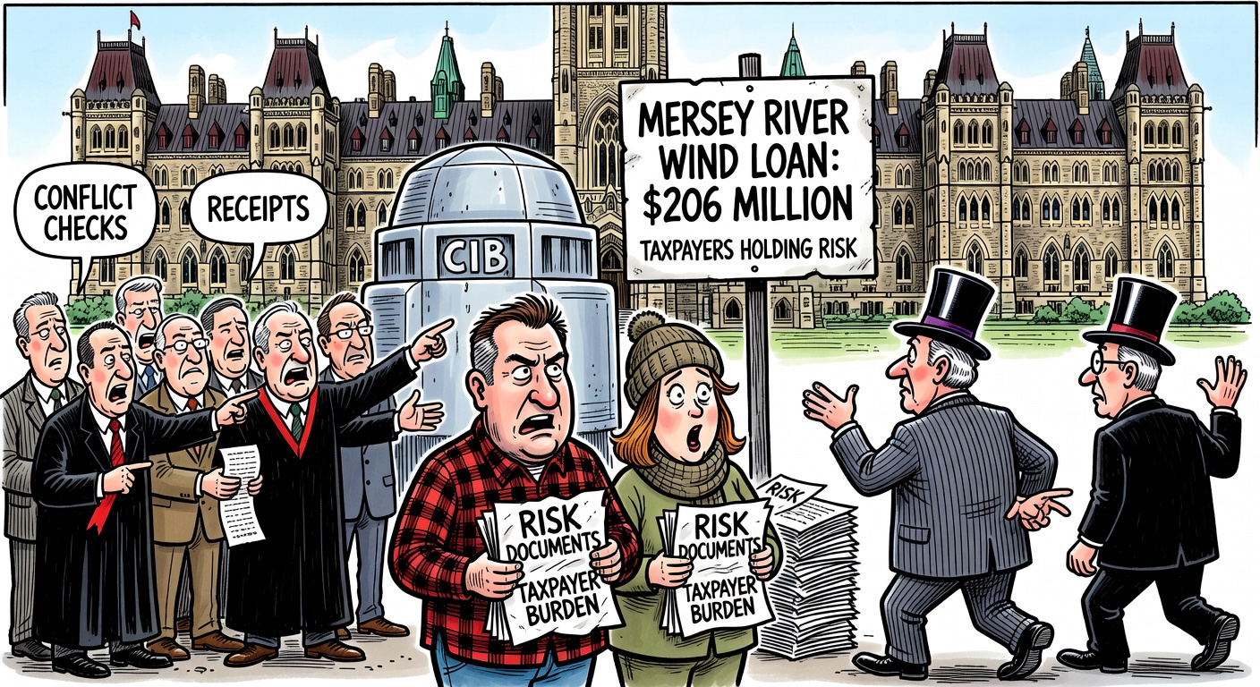 Editorial cartoon about taxpayers demanding receipts for the Canada Infrastructure Bank Mersey River Wind loan while private banks avoid the risk