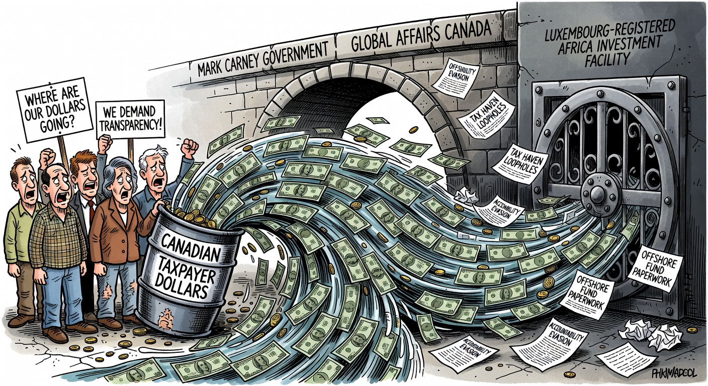 Editorial cartoon about Canadian taxpayer money flowing through offshore paperwork while citizens ask for transparency