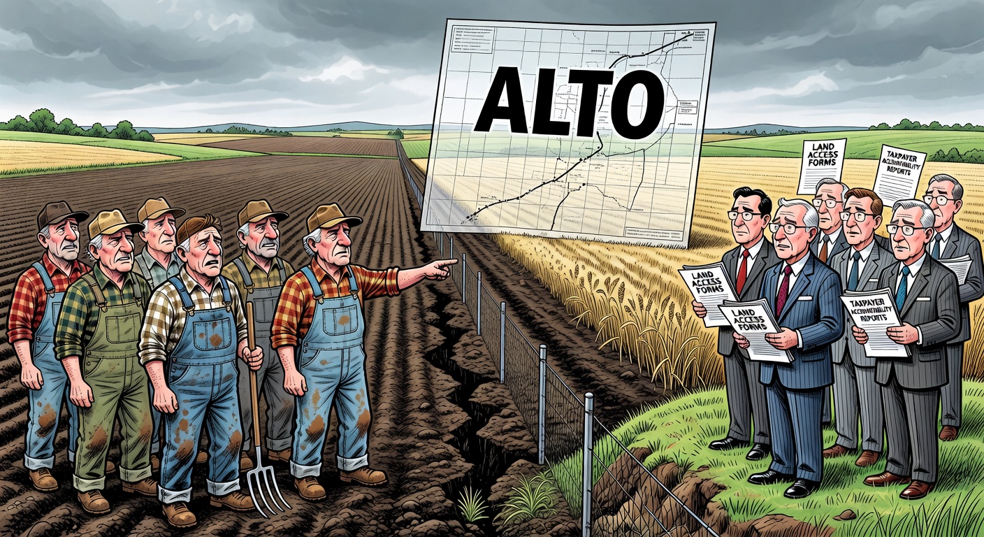 Editorial cartoon of farmers defending farmland as an Alto high-speed rail corridor and survey forms cut across rural Ontario