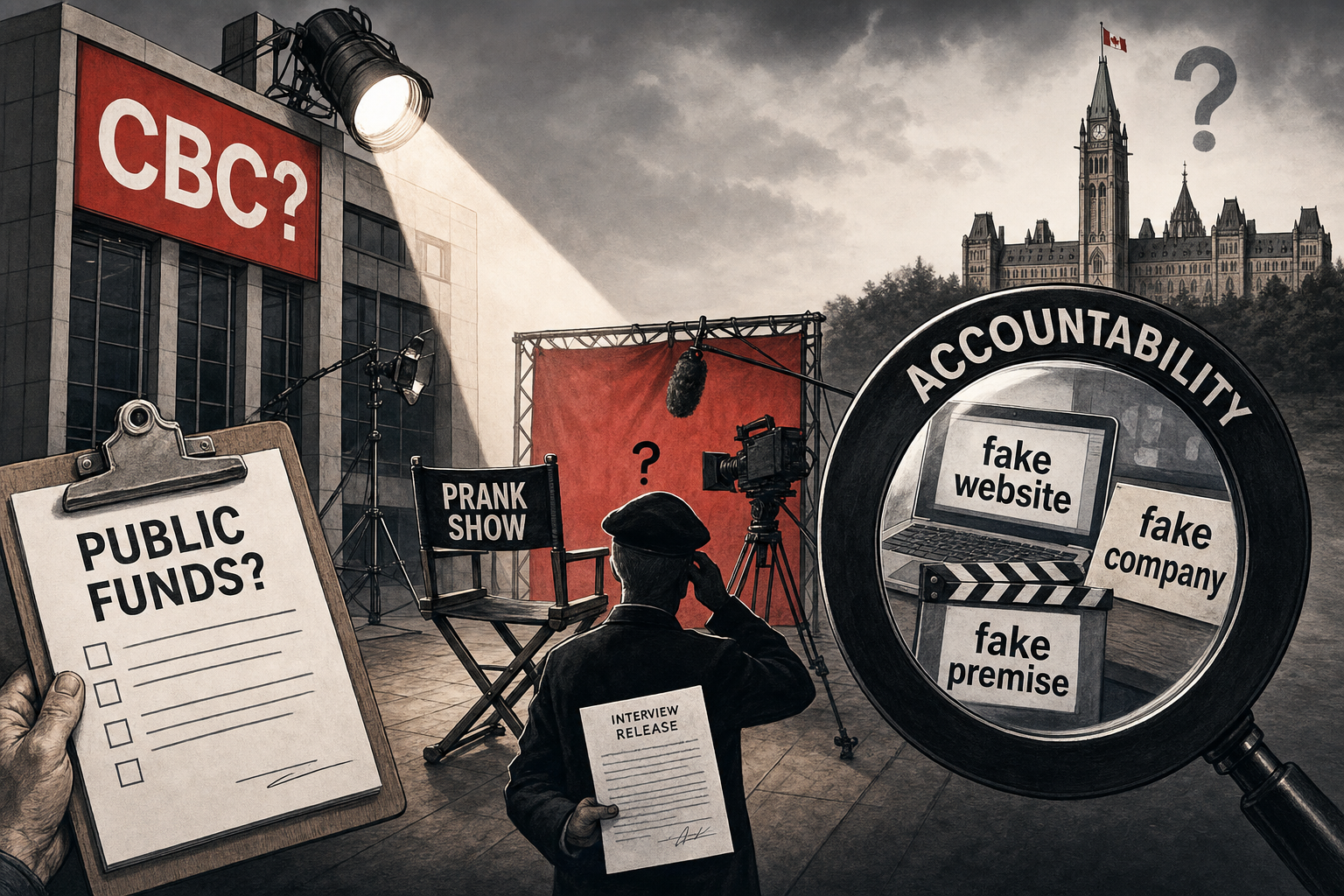Editorial cartoon about CBC, public funds, prank shows and accountability