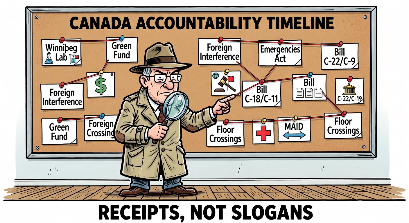 Editorial cartoon of a Canada accountability timeline board listing Winnipeg Lab, Green Fund, Foreign Interference, Emergencies Act, C-18/C-11, Bill C-22/C-9, MAID and Floor Crossings