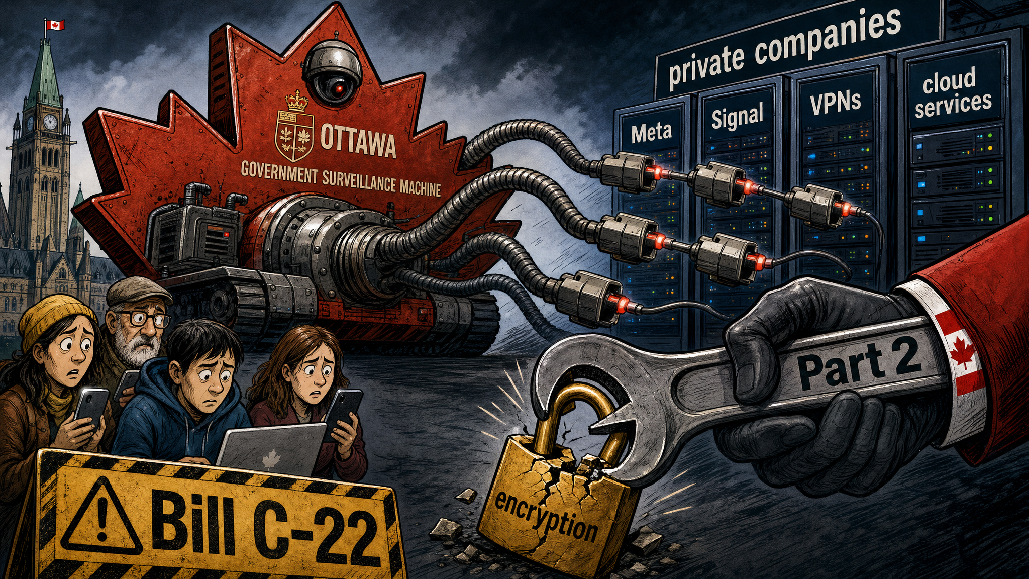 Editorial cartoon showing Bill C-22 forcing private companies into government surveillance infrastructure