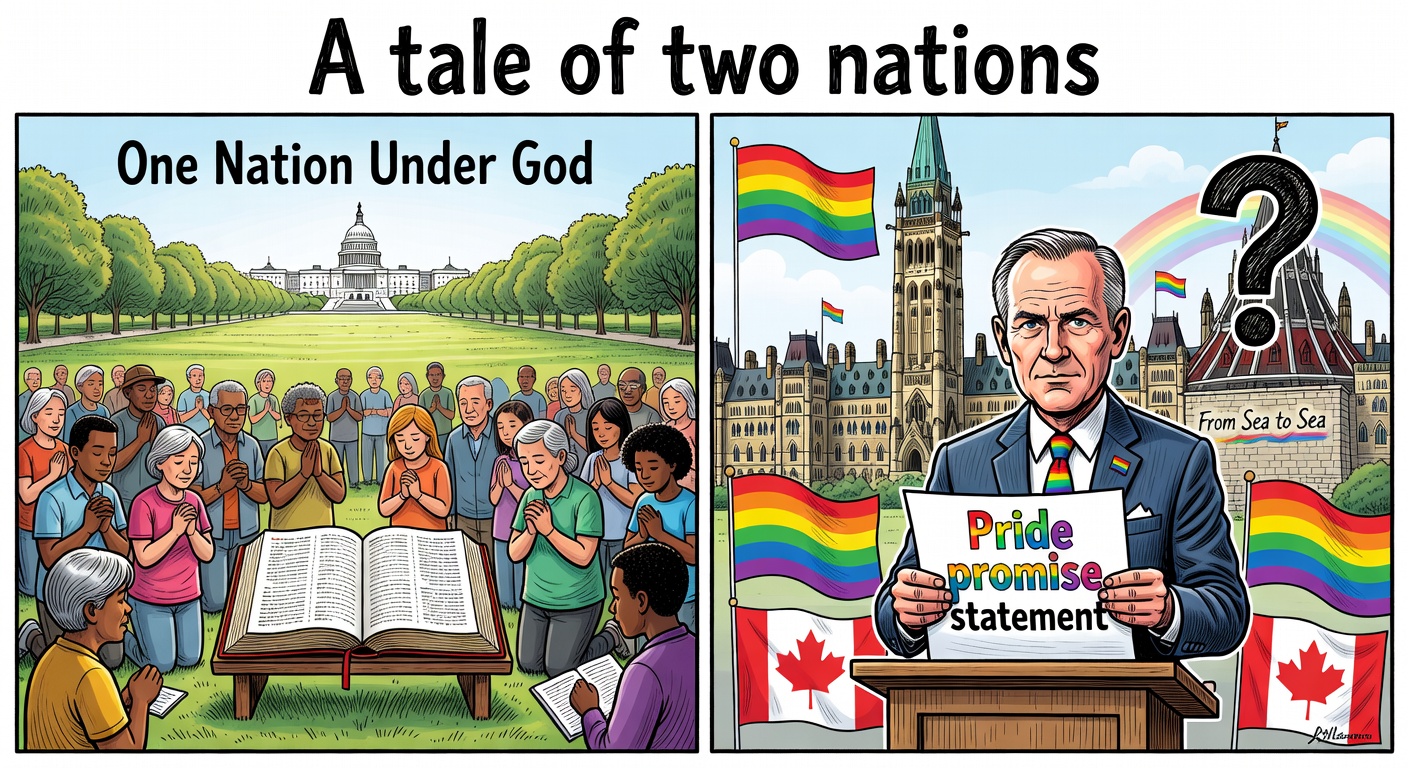 Editorial cartoon contrasting a Washington prayer rally with Ottawa political Pride messaging and Canada's From Sea to Sea motto