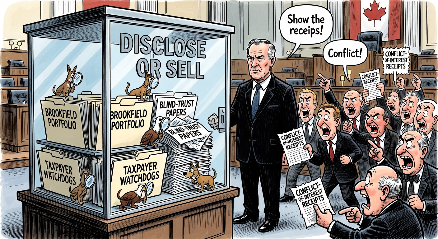 Editorial cartoon about Mark Carney, blind trusts, divestment and conflict-of-interest disclosure