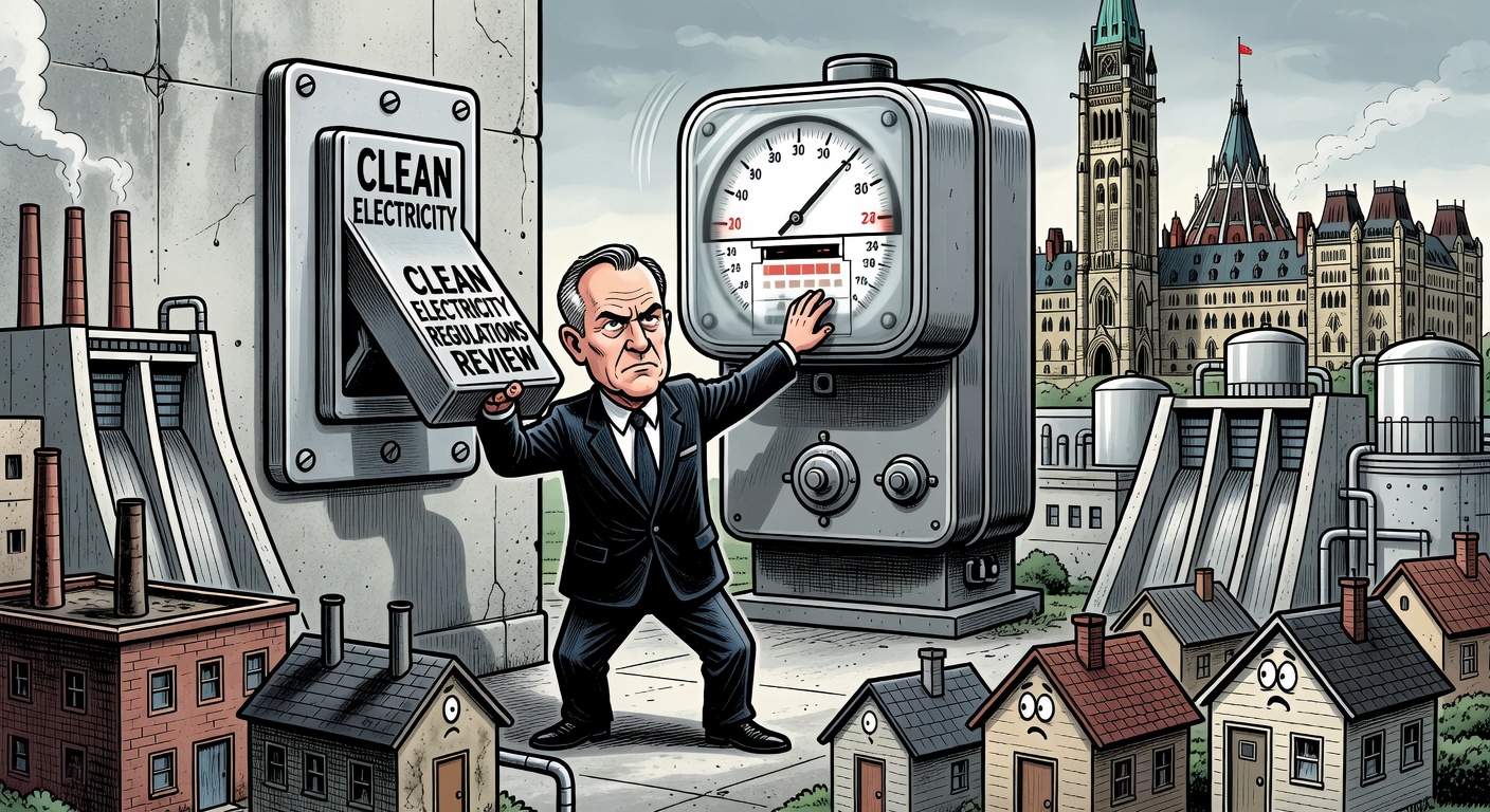 Editorial cartoon about Carney flipping a clean electricity regulations switch while power bills rise