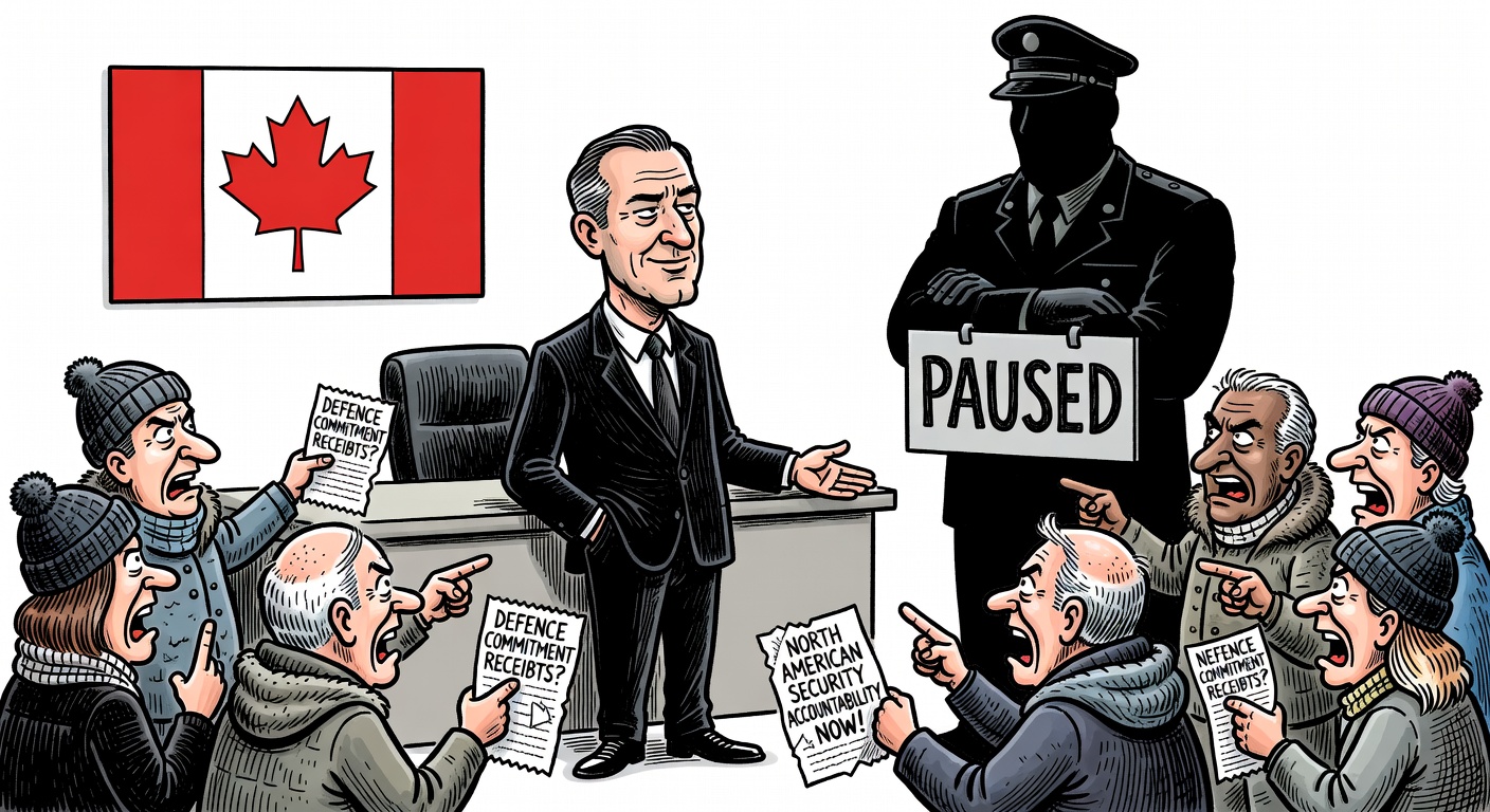 Editorial cartoon about Mark Carney downplaying the Canada-U.S. defence-board pause while taxpayers ask for defence receipts