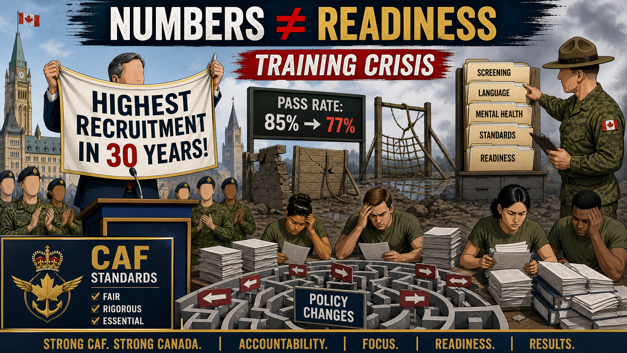Editorial cartoon about CAF recruiting numbers versus basic training readiness