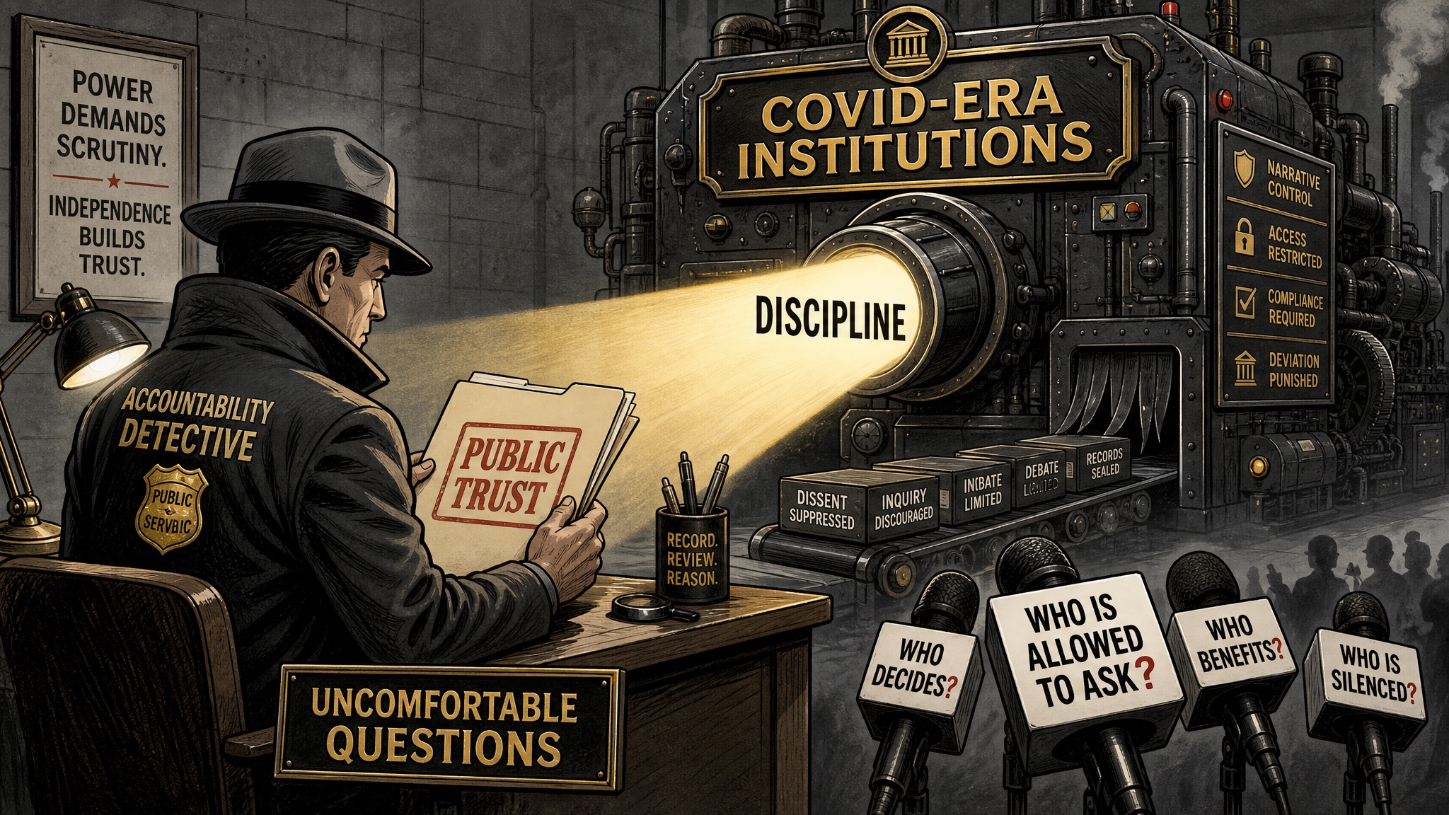 Editorial cartoon about uncomfortable questions, institutional discipline and public trust after the Helen Grus case