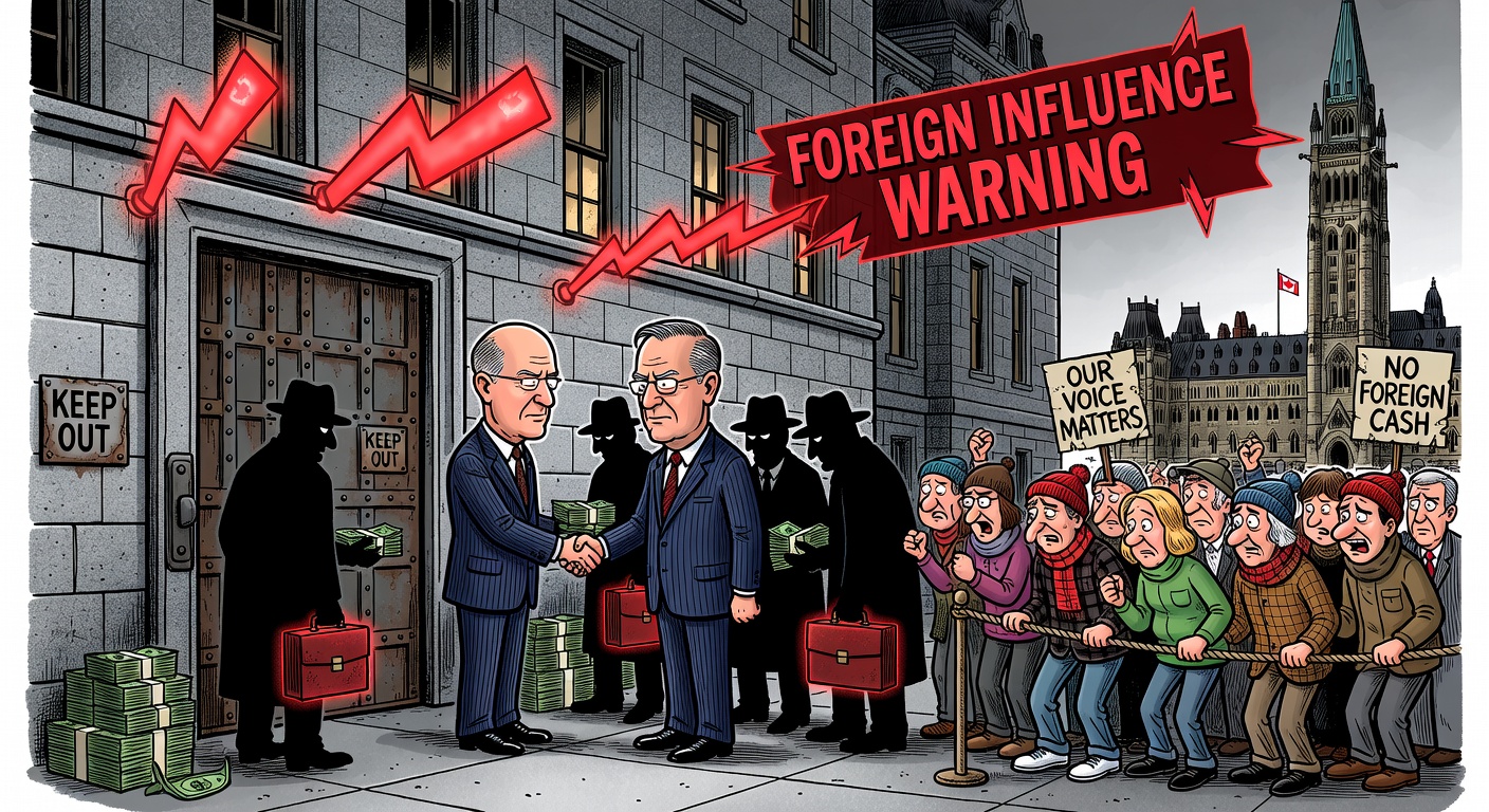 Political cartoon about a closed-door Liberal fundraiser, China-linked access and voters kept outside