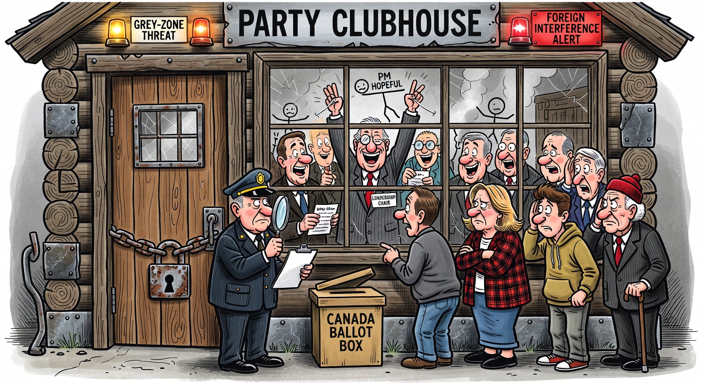 Political cartoon about leadership and nomination contests as a foreign-interference blind spot