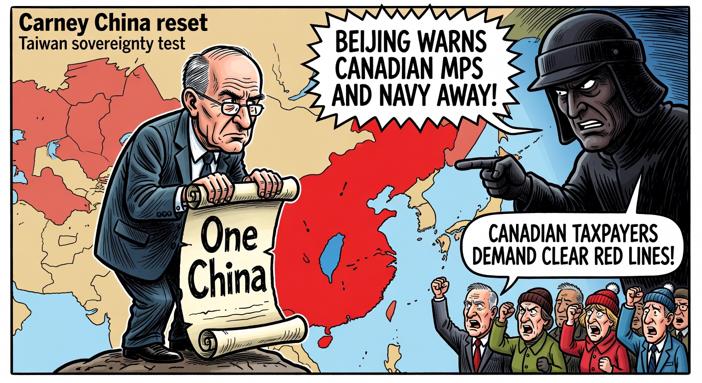 Political cartoon about Mark Carney's China reset facing a Taiwan sovereignty test