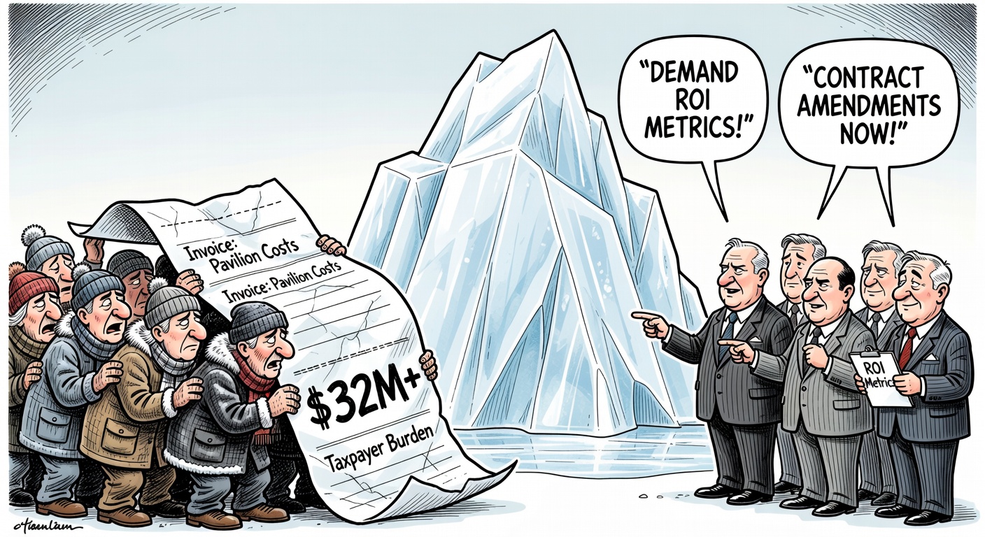 Editorial cartoon about Canada's Osaka Expo iceberg pavilion invoice and taxpayers demanding return-on-investment receipts