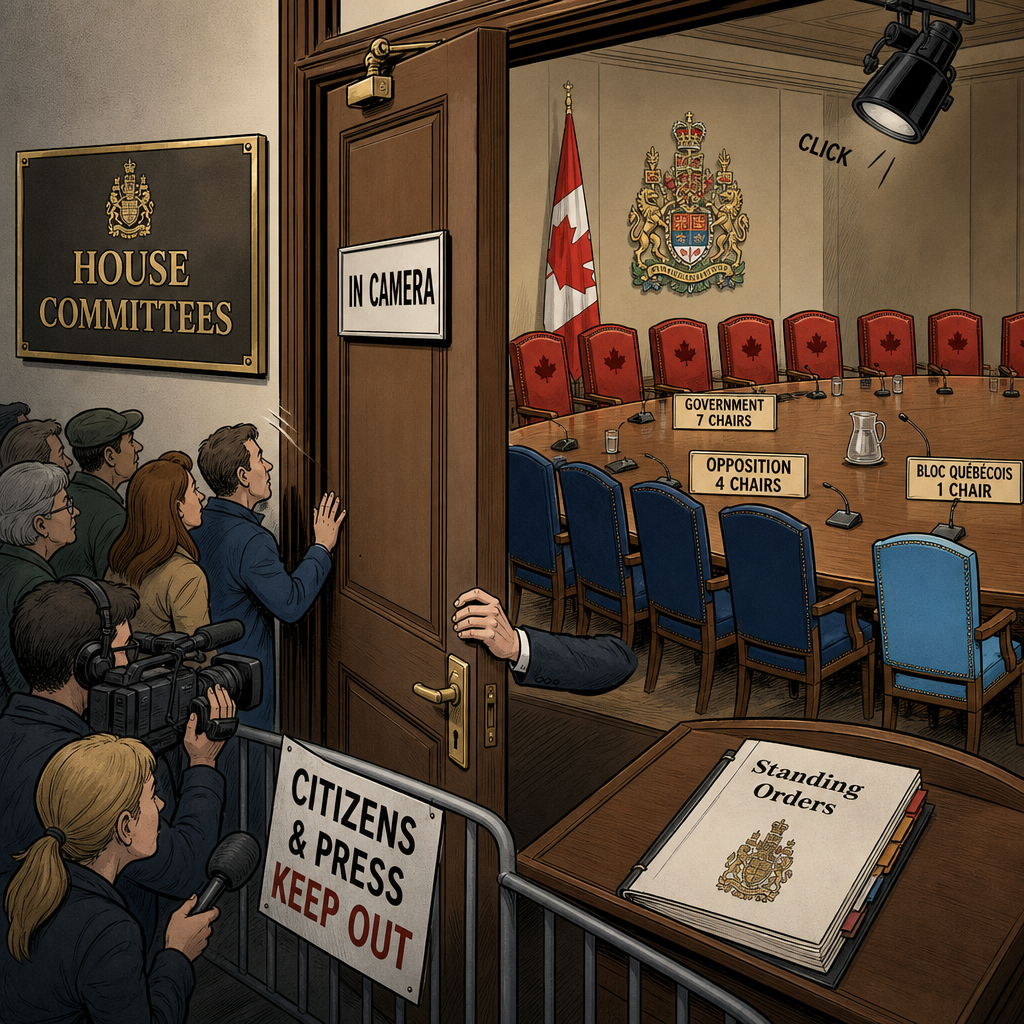 Editorial cartoon about Liberal committee control and in-camera House committee meetings