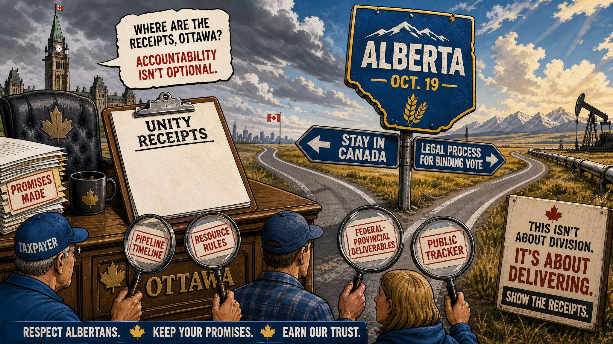 Editorial cartoon showing Ottawa's empty unity receipts clipboard as Alberta approaches an October 19 referendum