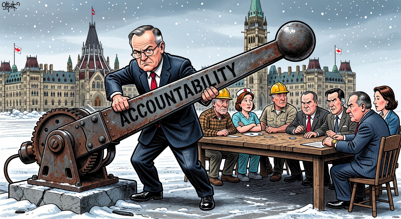 Editorial cartoon showing Ottawa weighing the right to strike while workers and employers sit at a bargaining table