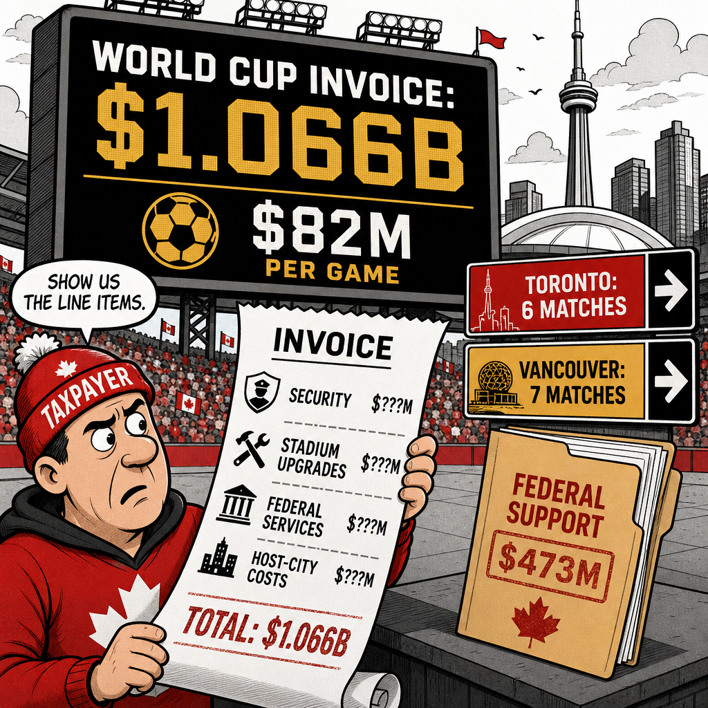 Editorial cartoon showing a World Cup invoice scoreboard with $1.066B public cost and $82M per Canadian match
