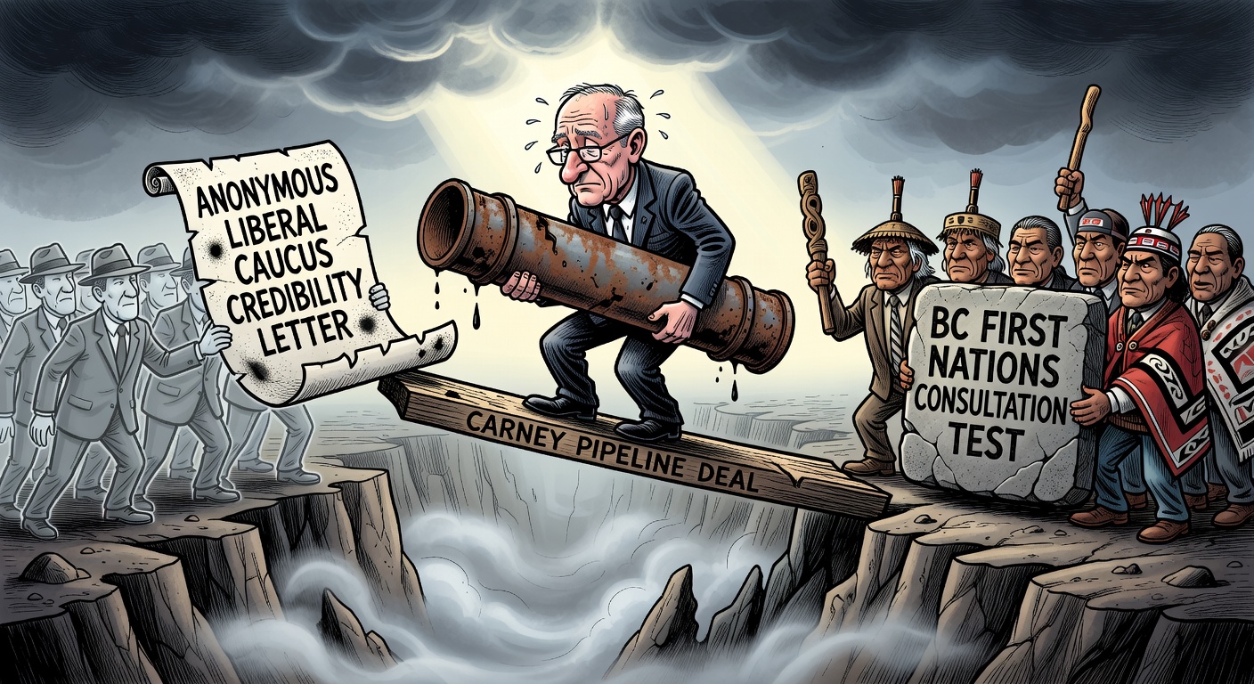 Editorial cartoon showing Mark Carney balancing a pipeline agreement against an anonymous Liberal caucus credibility letter