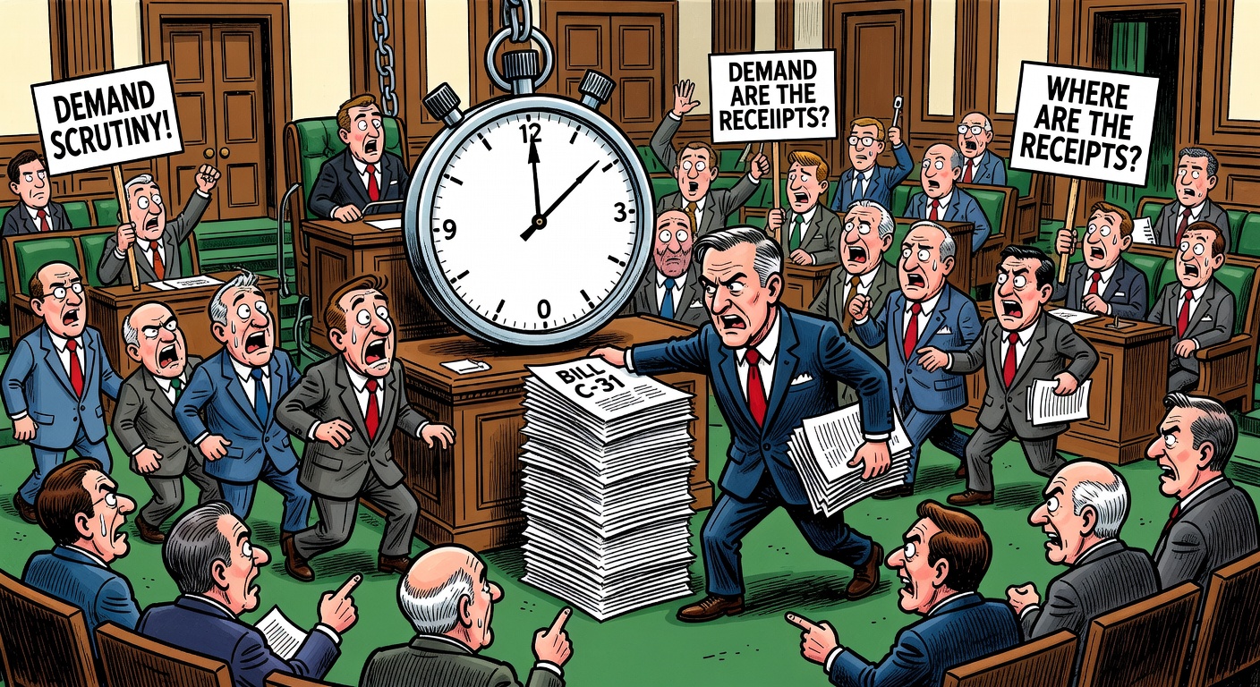 Editorial cartoon showing Liberal Ottawa rushing Bill C-31 through Parliament under a giant stopwatch