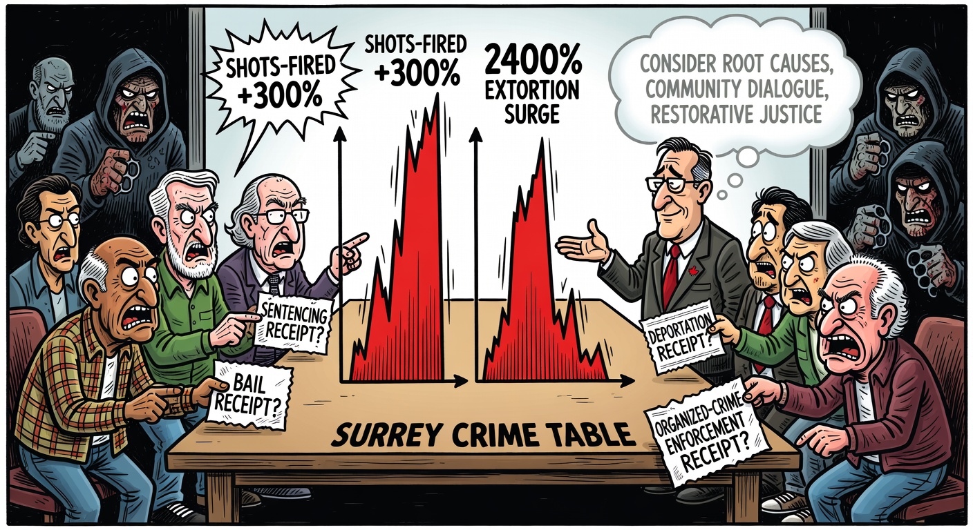 Editorial cartoon showing Surrey police extortion statistics while Ottawa offers public-safety talking points