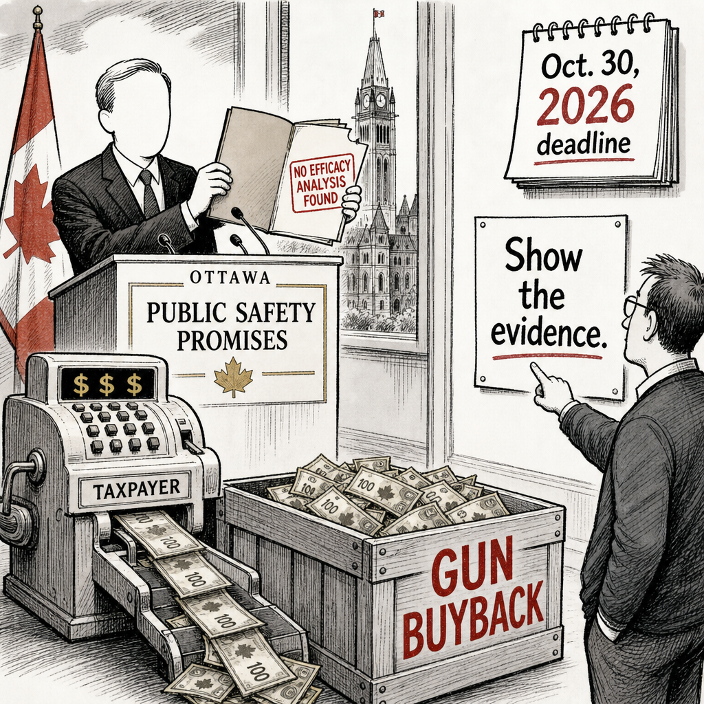 Editorial cartoon showing Ottawa holding an empty gun buyback evidence folder while taxpayers ask for proof