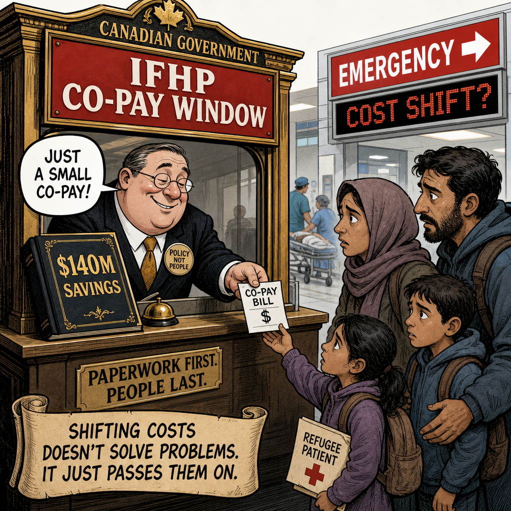 Editorial cartoon showing Ottawa shifting refugee health co-pay costs to patients while claiming savings