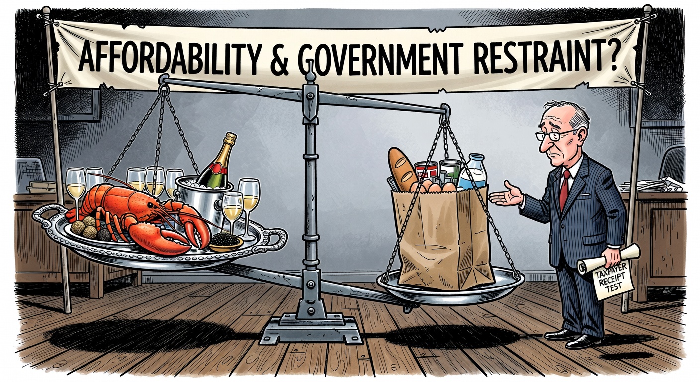 Editorial cartoon showing Mark Carney's airplane catering bill being weighed against Canadians' grocery bills