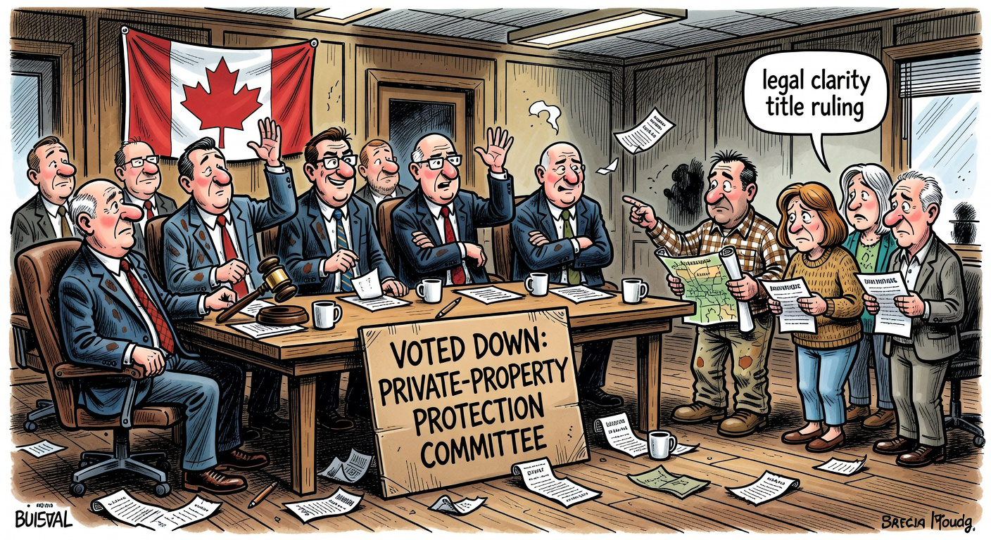 Editorial cartoon showing Ottawa voting down a property-rights clarity committee while B.C. homeowners ask for legal receipts