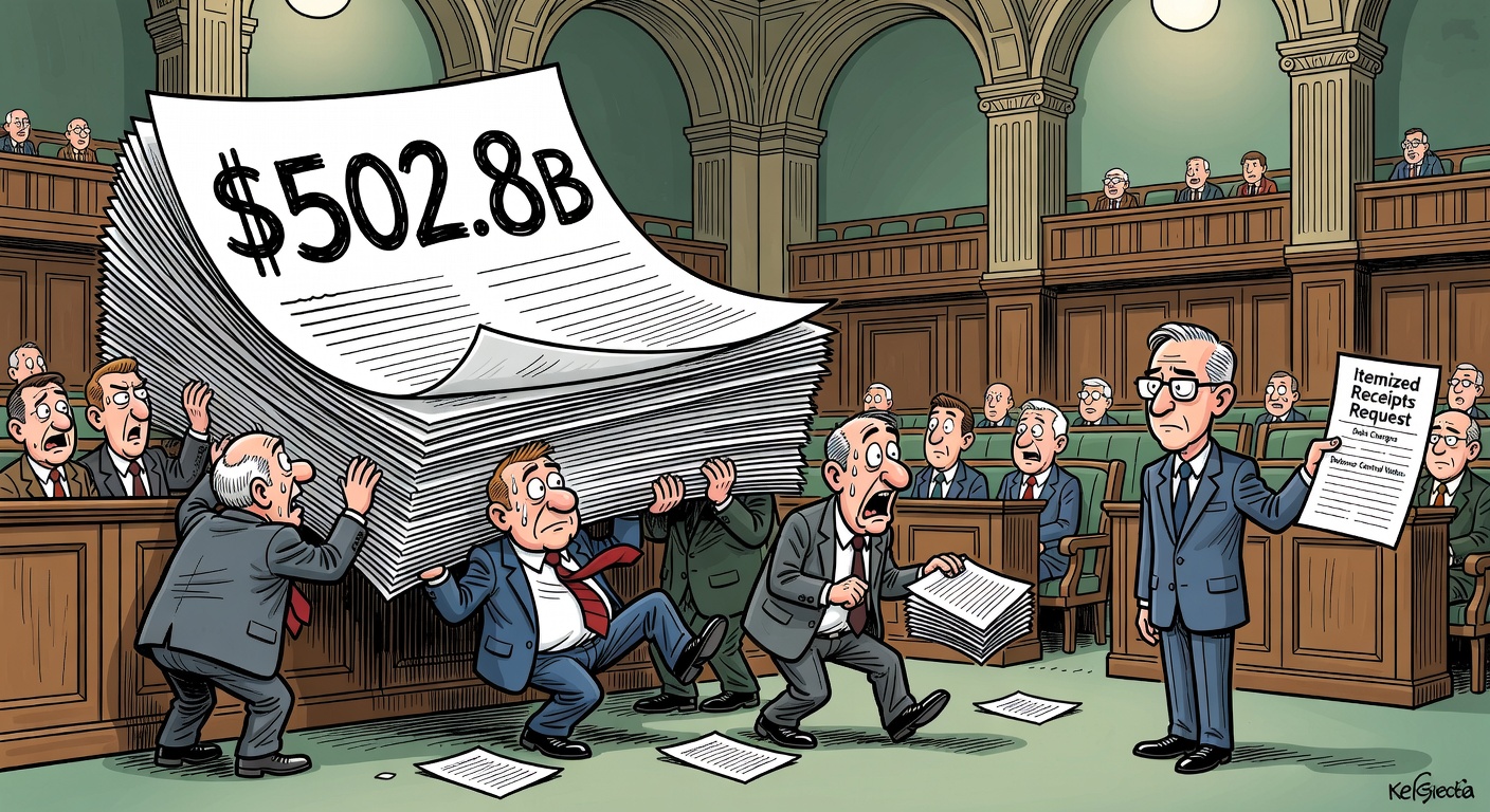 Editorial cartoon showing Parliament receiving a $502.8B spending invoice while watchdogs ask for itemized receipts
