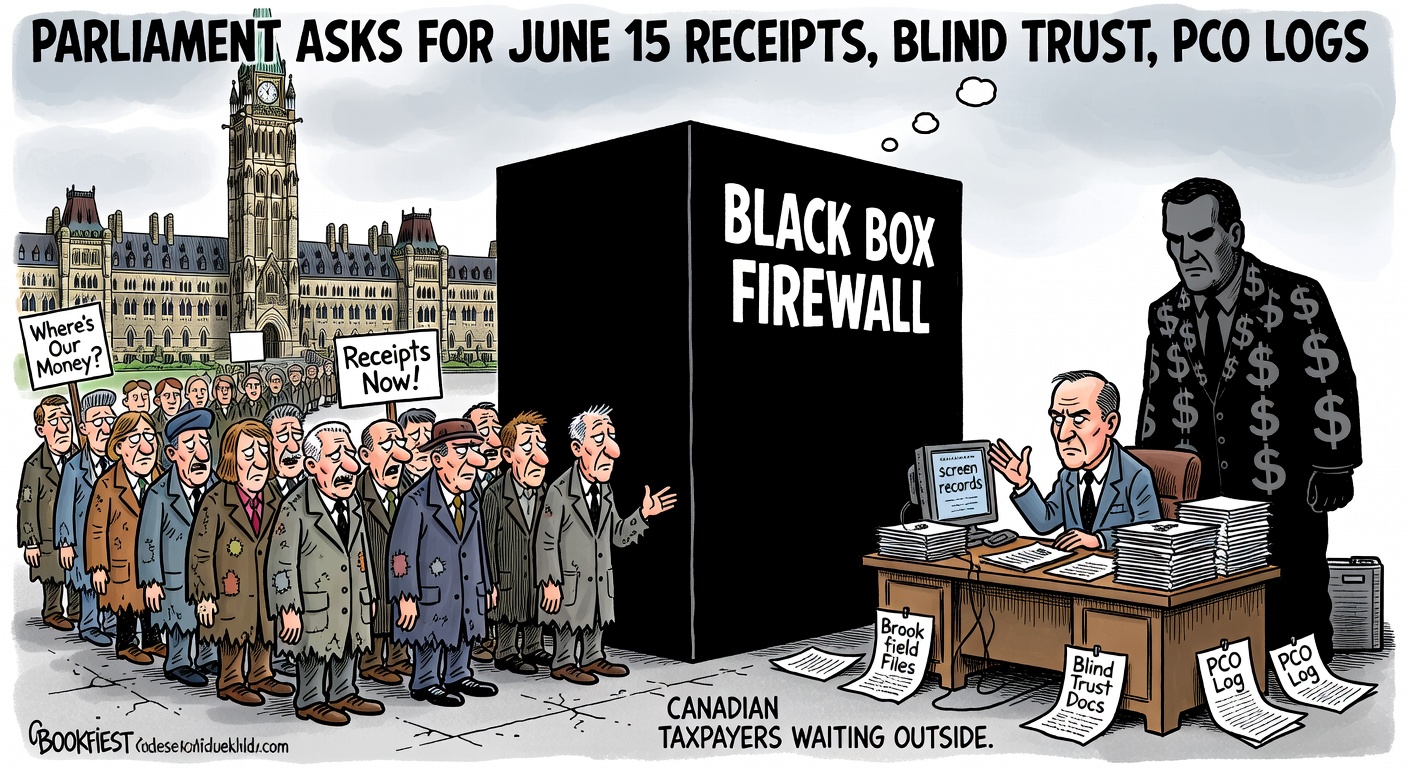 Editorial cartoon showing Mark Carney's Brookfield conflict screen as a black box while Parliament asks for June 15 receipts