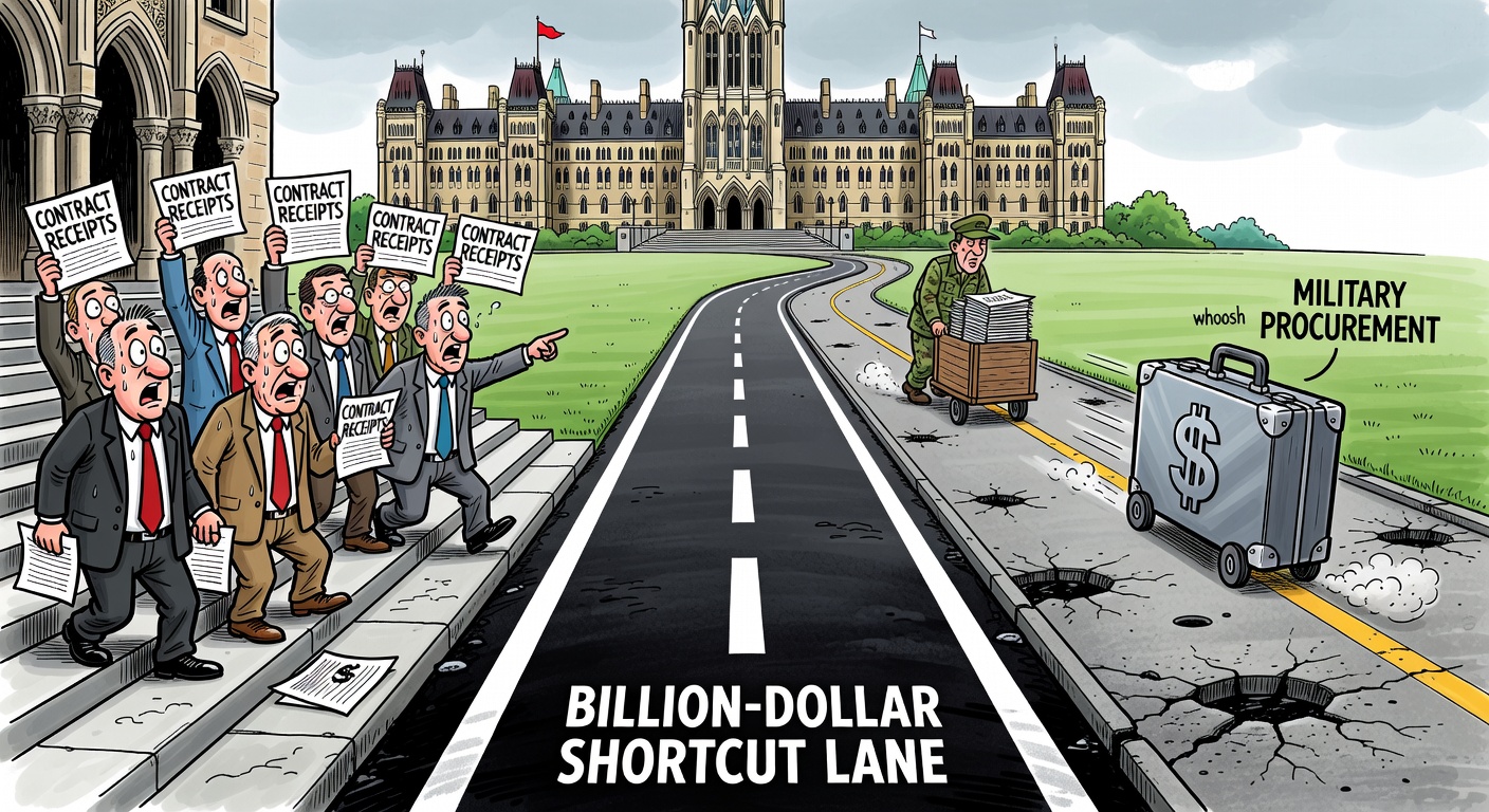 Editorial cartoon showing Bill C-31 as a billion-dollar defence procurement shortcut lane while Parliament asks for contract receipts