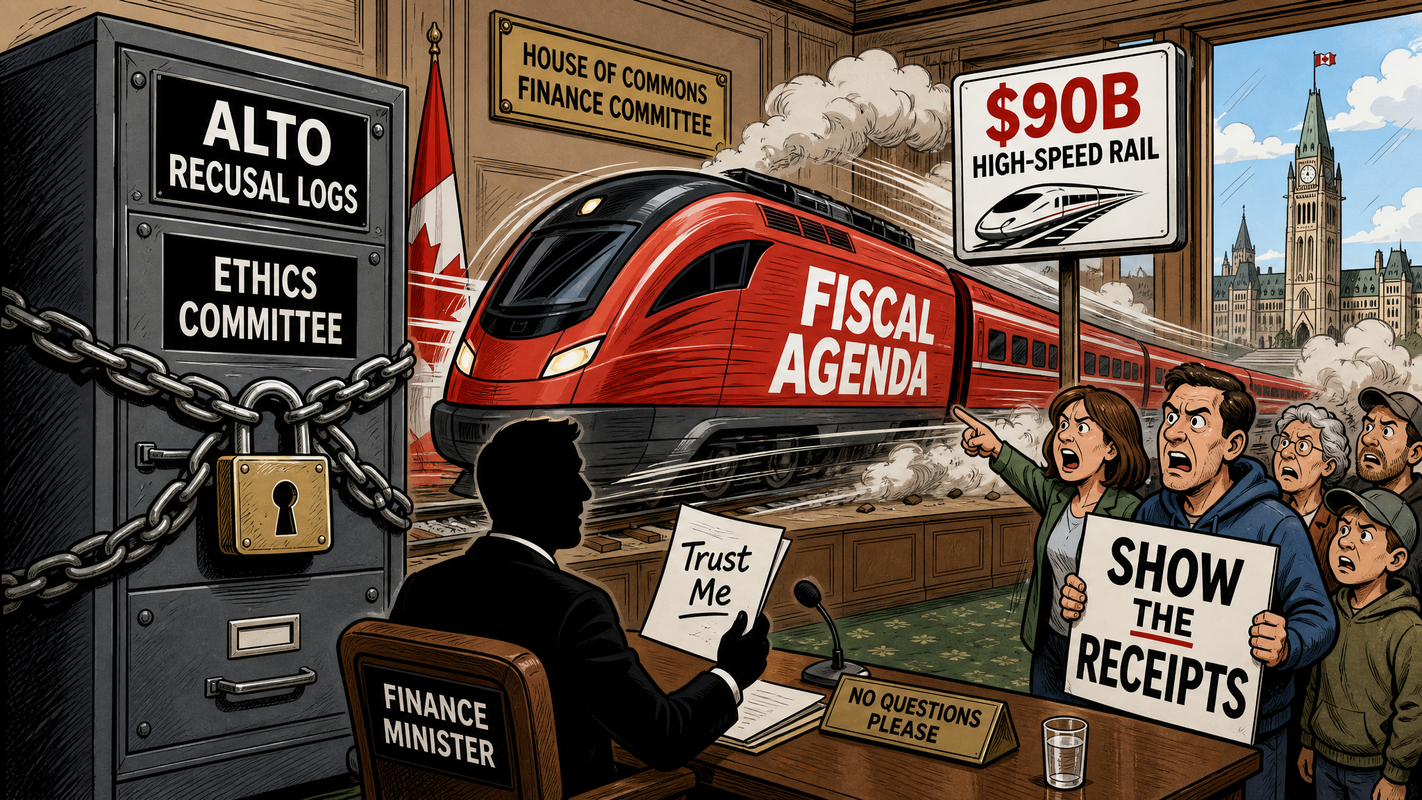 Editorial cartoon showing an Alto recusal-log cabinet at ethics committee while a fiscal-agenda train speeds past Parliament