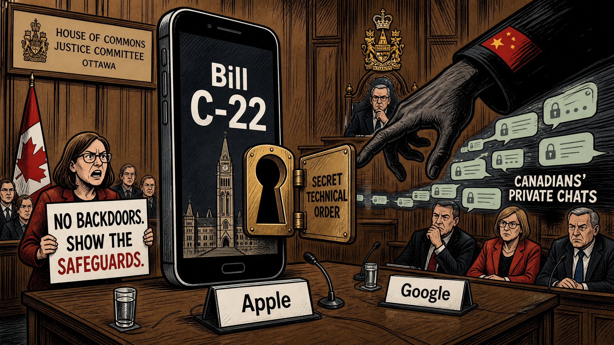 Editorial cartoon showing Bill C-22 as a smartphone with a secret technical-order keyhole and a foreign hand reaching toward Canadians' private chats