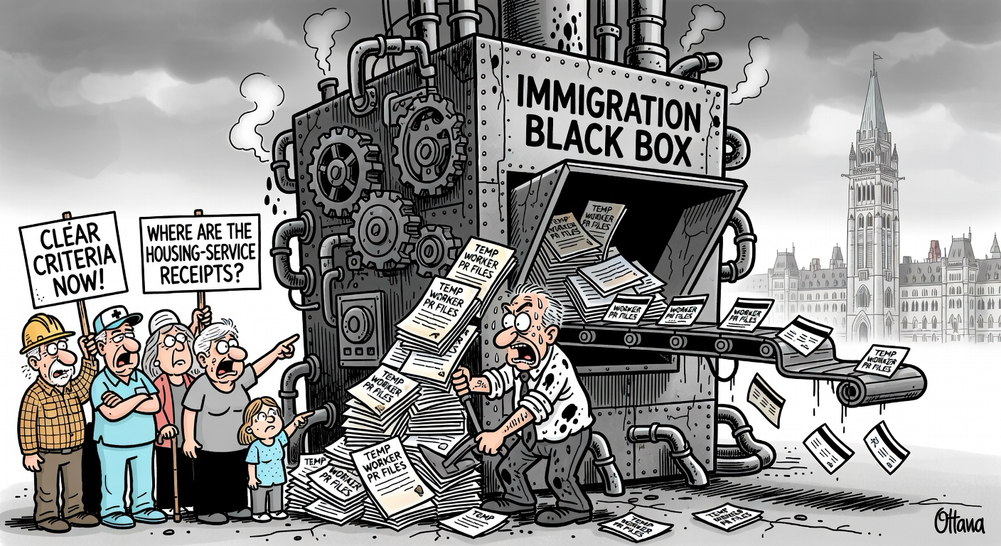 Editorial cartoon showing Ottawa fast-tracking 33,000 temporary-worker permanent-residence files through a confusing immigration black box while communities ask for criteria and housing receipts