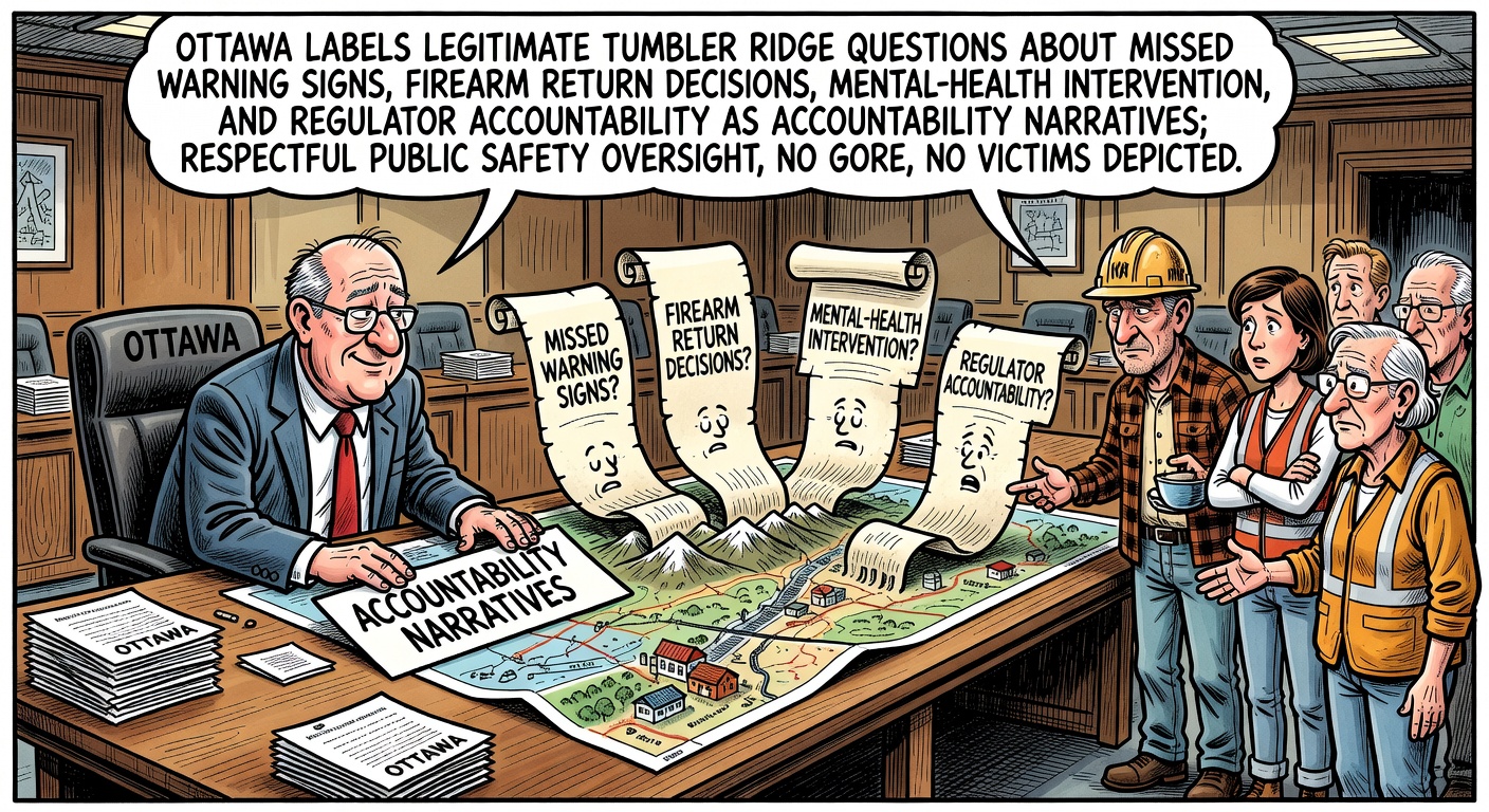 Editorial cartoon showing Ottawa treating legitimate Tumbler Ridge public-safety questions as accountability narratives while citizens ask for warning-sign and firearms-return receipts